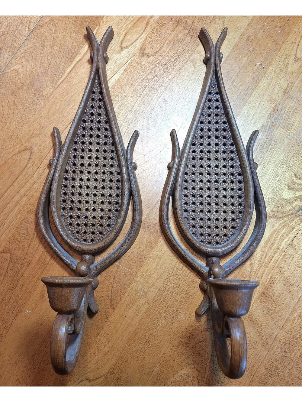 Homco Faux Rattan Cane Wall Sconces Set 2 Candle Holders Teardrop Boho #4226 Vtg
